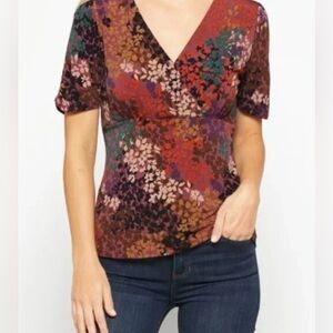 Beacon Madelyn V-Neck Knit Top Women’s XL Brown Floral Short Flared Sleeve NWT